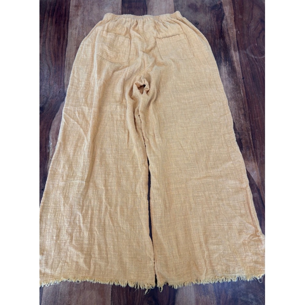 CHANDRA wide leg pants women sz XS mustard yellow linen look boho frayed hem